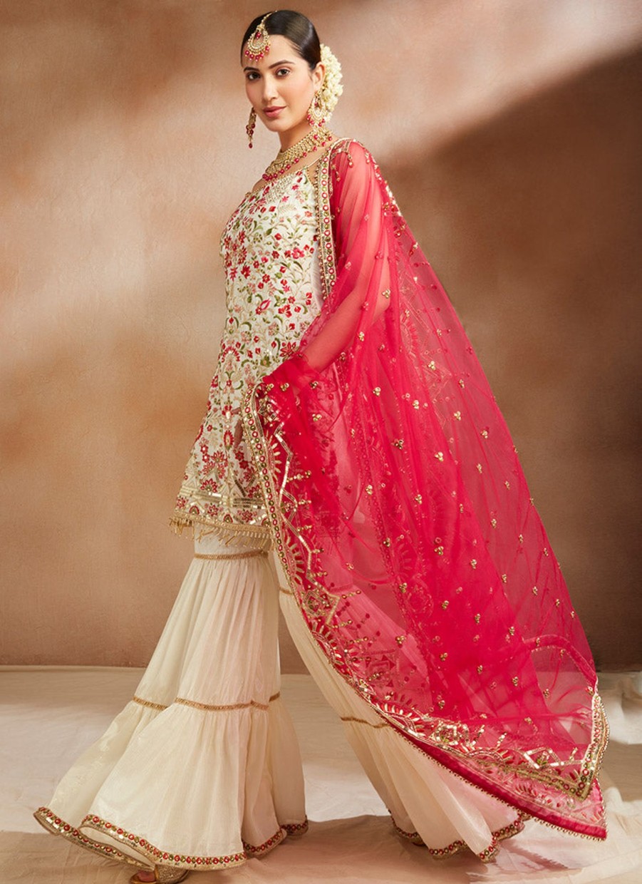 Women Lashkaraa | Off White Multicolor Embroidered Gharara Suit