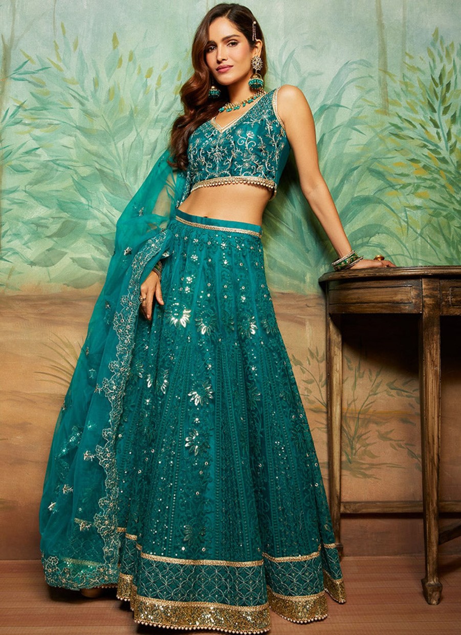 Women Lashkaraa | Teal Heavy Thread Embroidered Lehenga