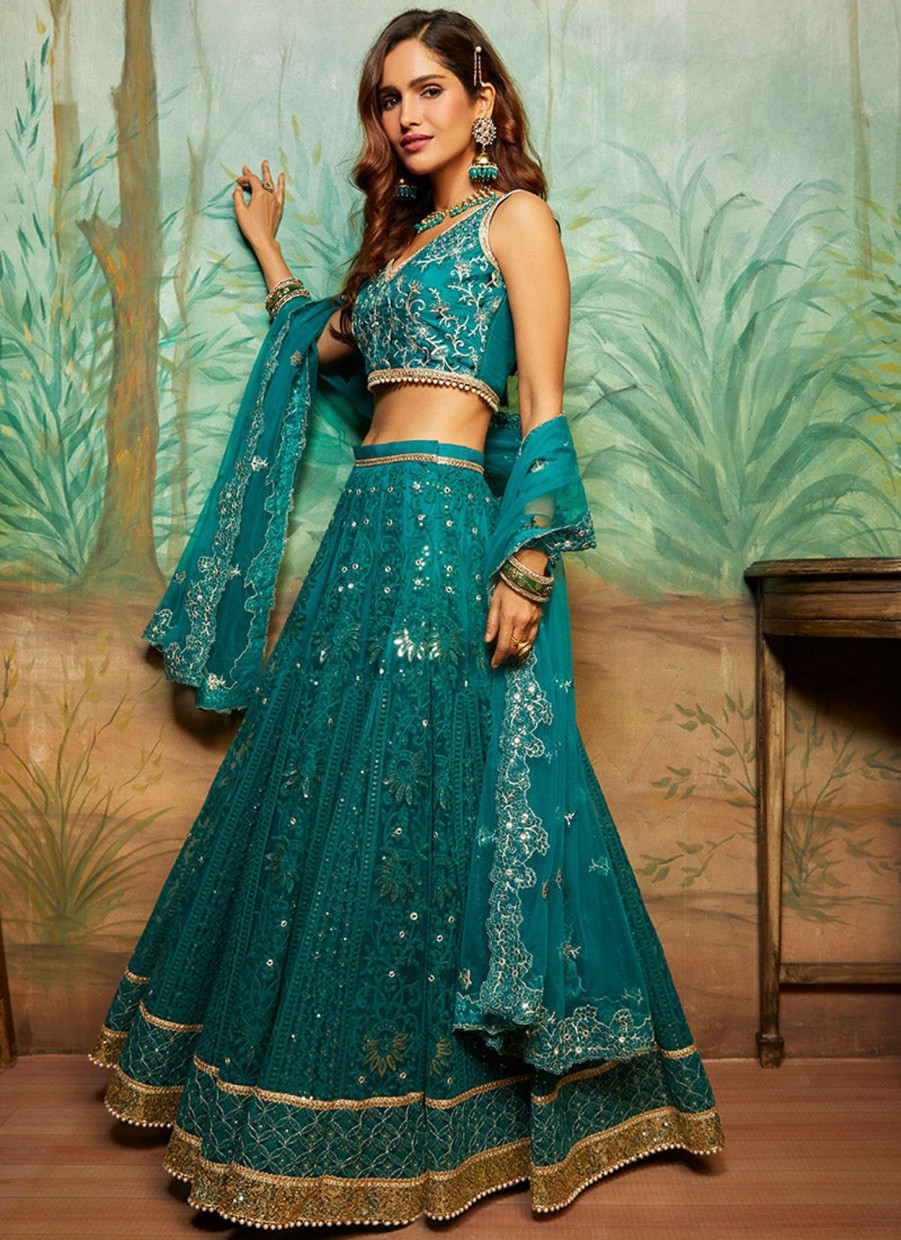 Women Lashkaraa | Teal Heavy Thread Embroidered Lehenga