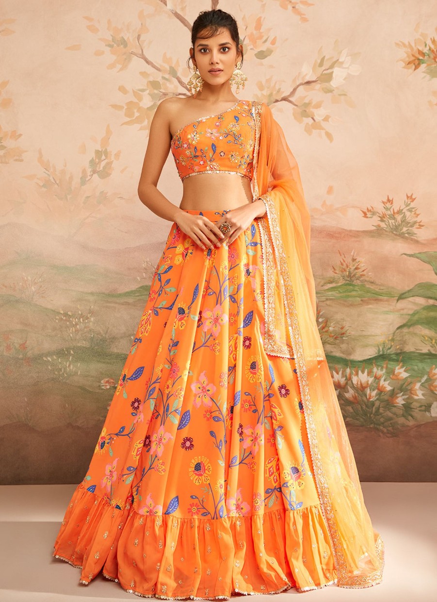 Women Lashkaraa | Orange Floral Printed Lehenga