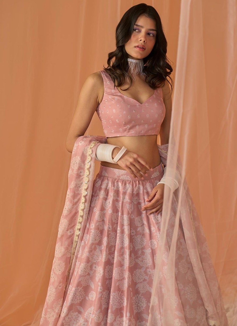 Women Lashkaraa | Peach White Floral Printed Lehenga