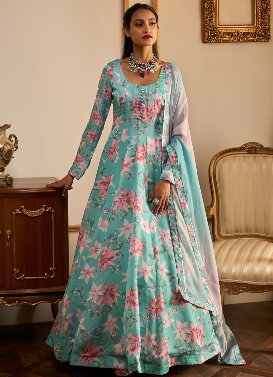 Women Lashkaraa | Light Blue Floral Printed Anarkali