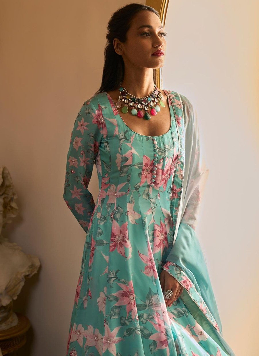 Women Lashkaraa | Light Blue Floral Printed Anarkali