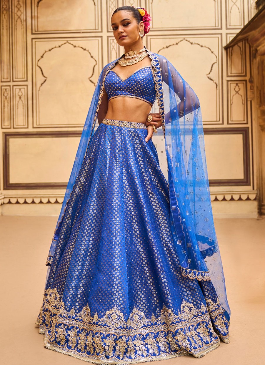 Women Lashkaraa | Blue Embroidered Brocade Lehenga