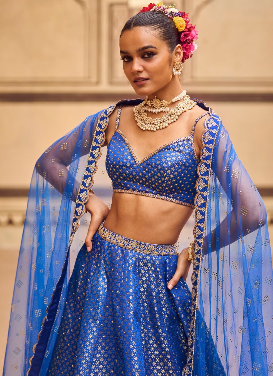 Women Lashkaraa | Blue Embroidered Brocade Lehenga