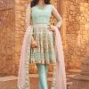 Women Lashkaraa | Dusty Mint And Pink Embroidered Peplum Anarkali