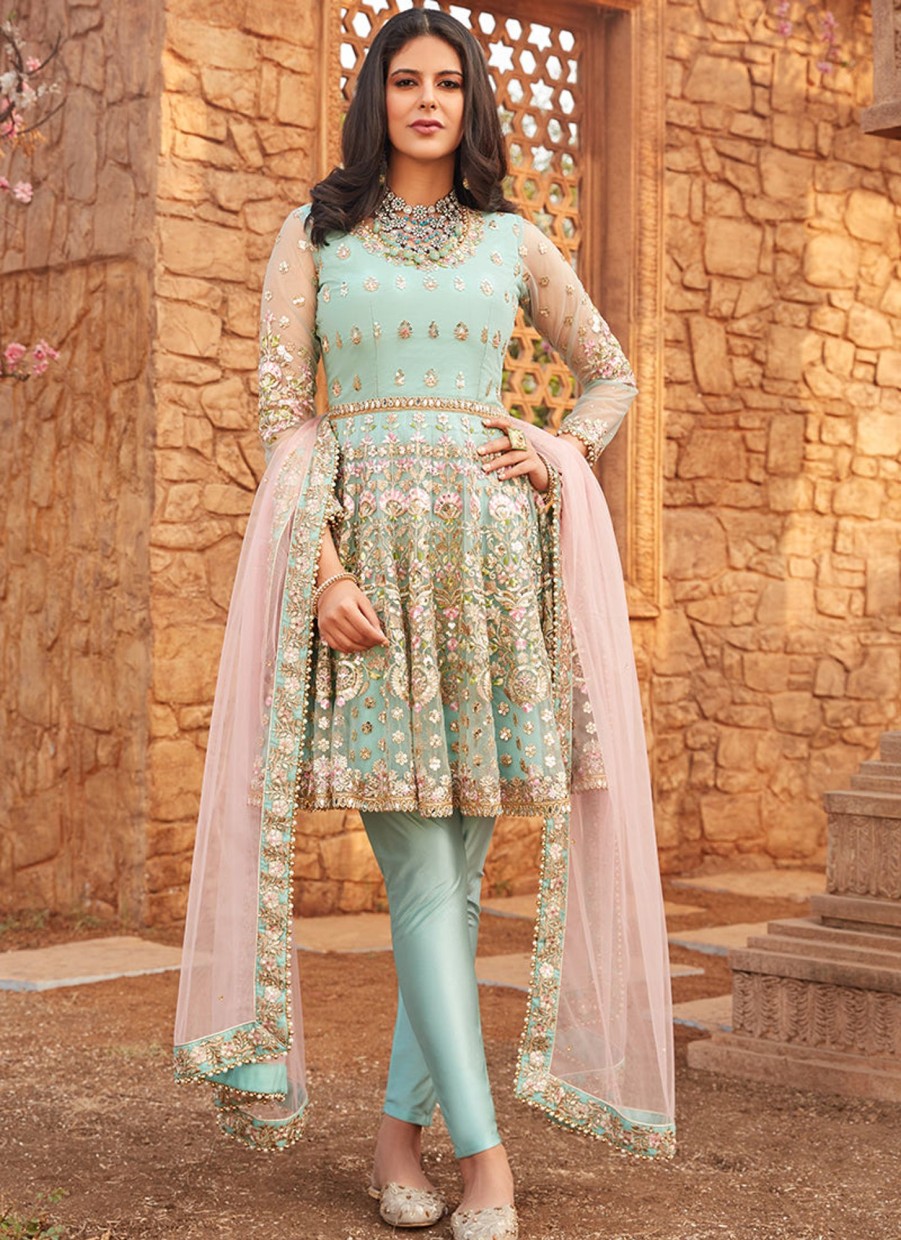 Women Lashkaraa | Dusty Mint And Pink Embroidered Peplum Anarkali