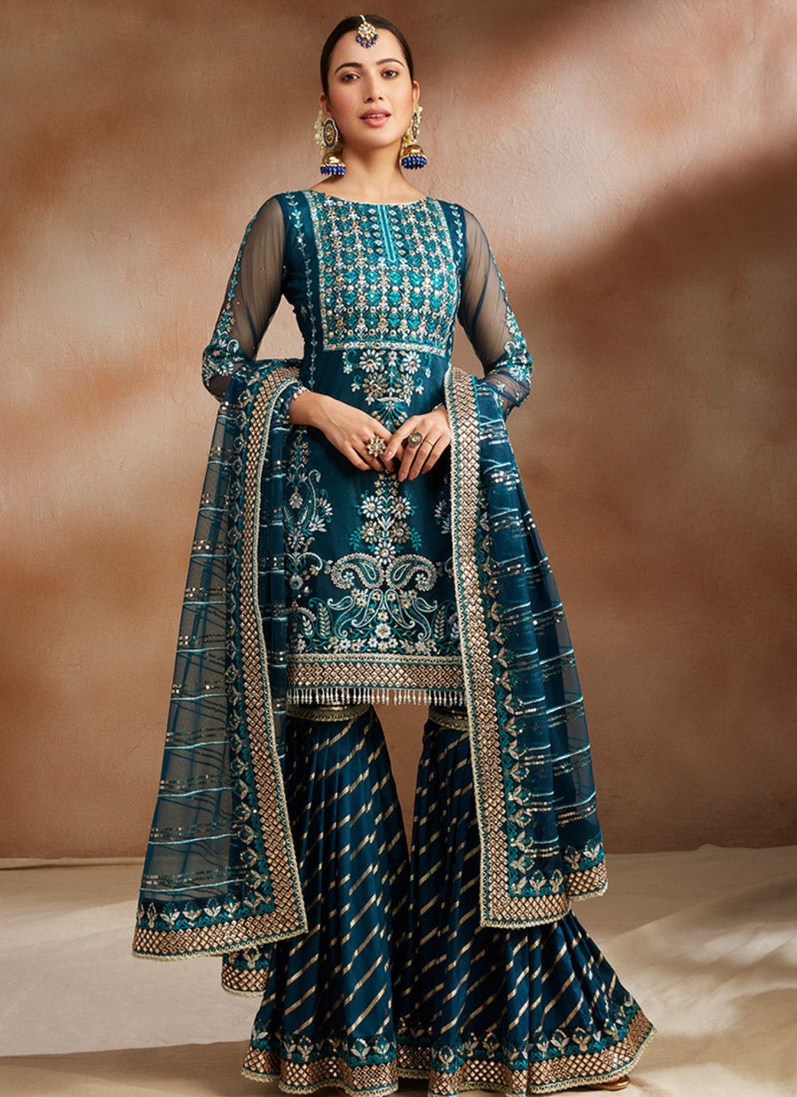 Women Lashkaraa | Dark Teal Heavy Embroidered Gharara Suit