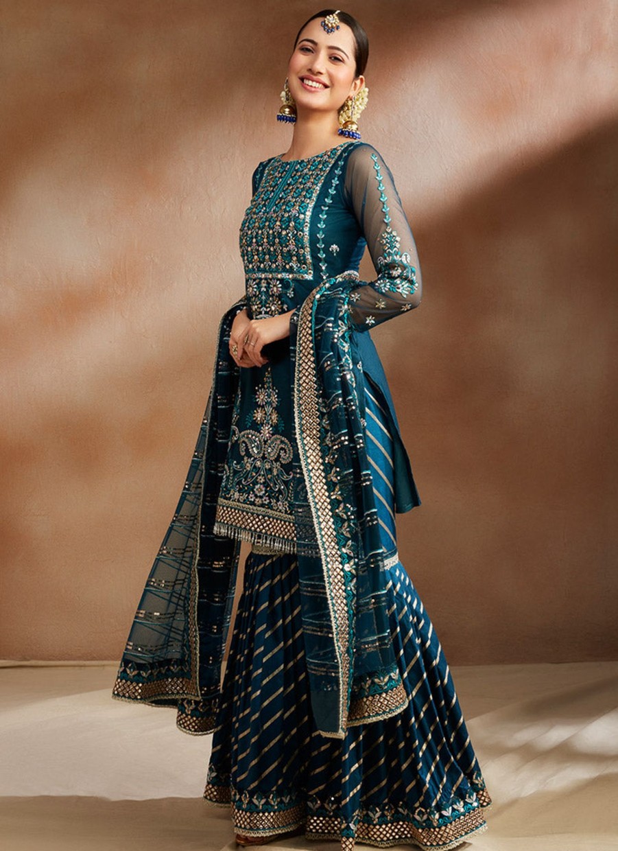 Women Lashkaraa | Dark Teal Heavy Embroidered Gharara Suit