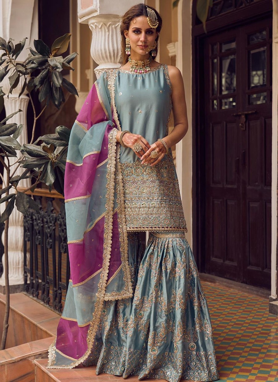 Women Lashkaraa | Light Blue Embroidered Gharara Suit