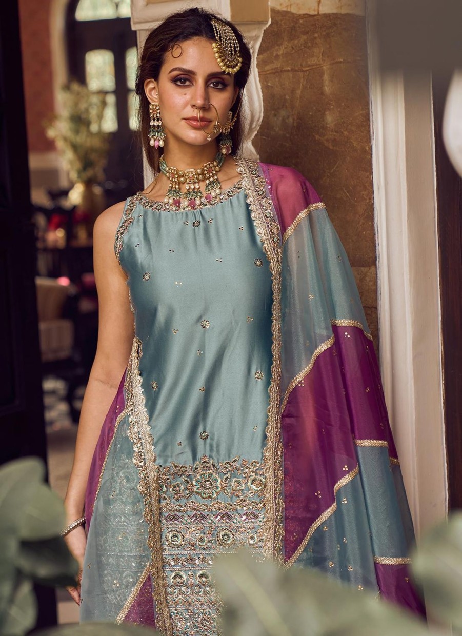 Women Lashkaraa | Light Blue Embroidered Gharara Suit