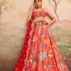 Women Lashkaraa | Red Orange Floral Printed Lehenga