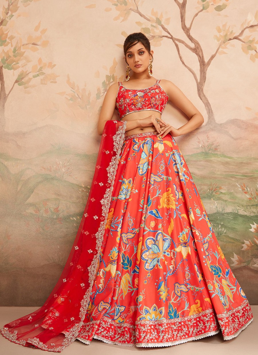 Women Lashkaraa | Red Orange Floral Printed Lehenga