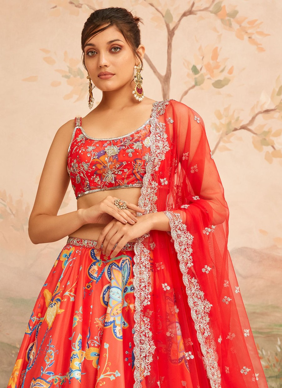 Women Lashkaraa | Red Orange Floral Printed Lehenga