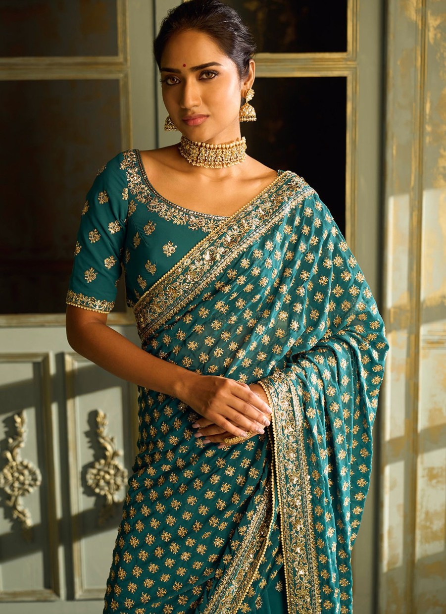 Women Lashkaraa | Teal Embroidered Georgette Saree