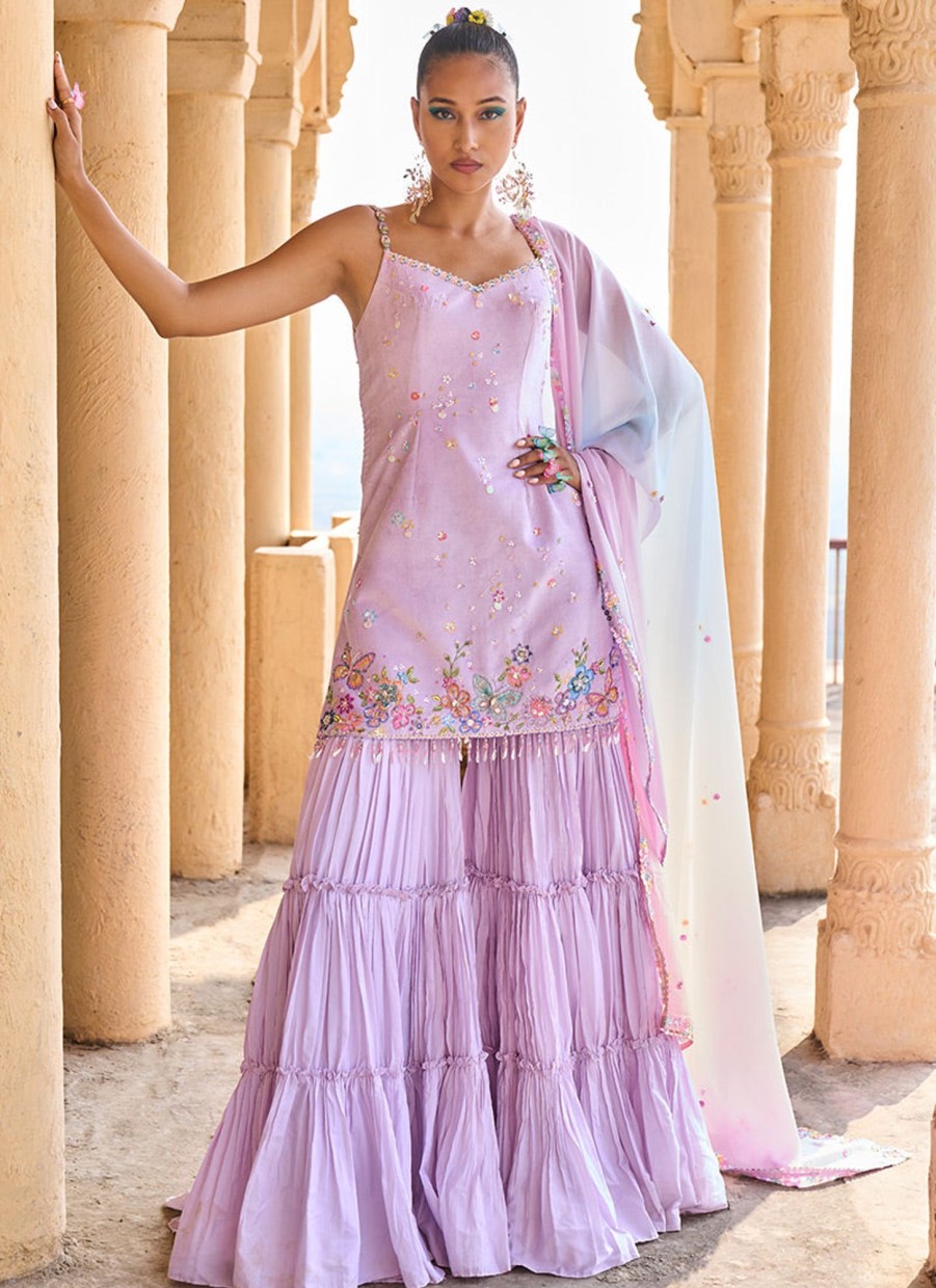 Women Lashkaraa | Soft Lavender Embellished Gharara Suit