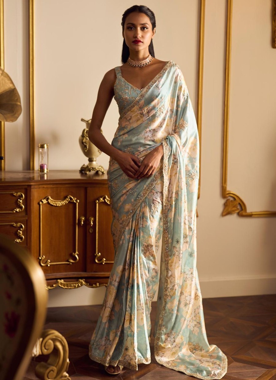 Women Lashkaraa | Dusty Mint Floral Printed Saree