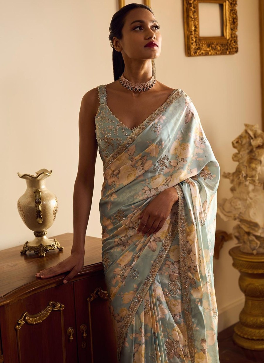 Women Lashkaraa | Dusty Mint Floral Printed Saree