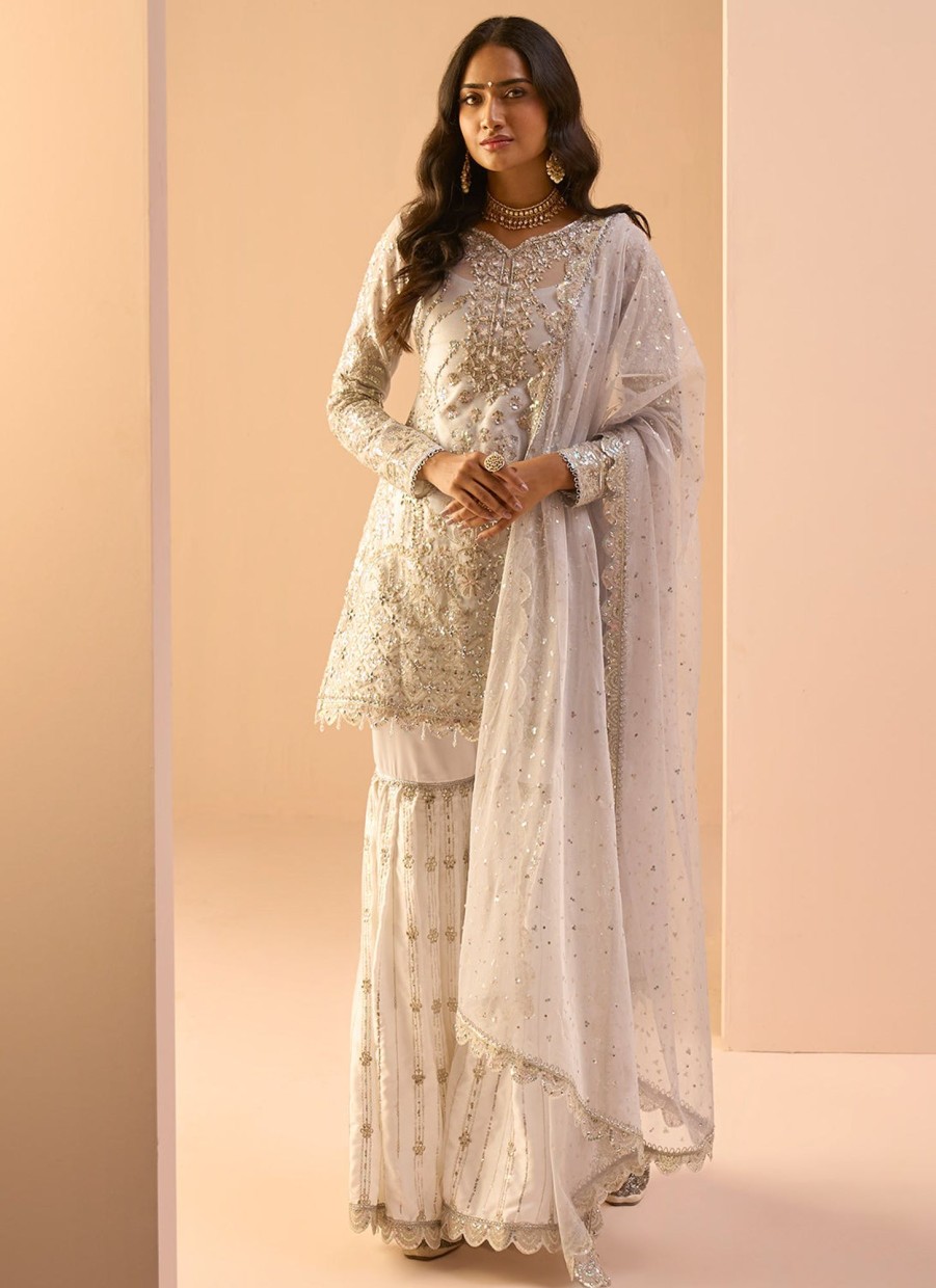 Women Lashkaraa | Dusty Blue And White Embroidered Gharara Suit