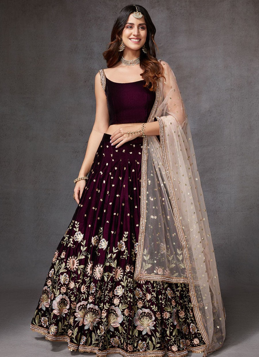 Women Lashkaraa | Wine And Light Pink Velvet Lehenga