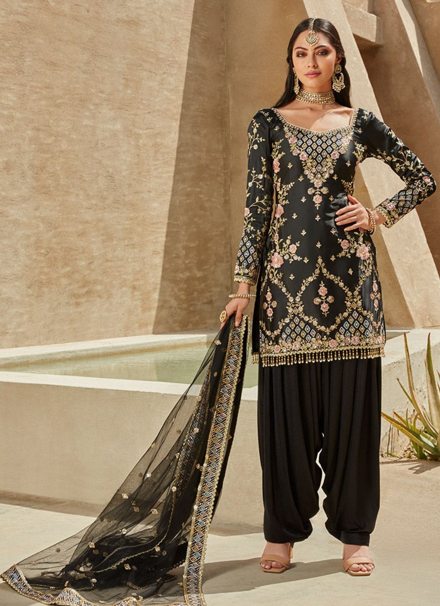 Women Lashkaraa | Black Multicolor Satin Punjabi Suit