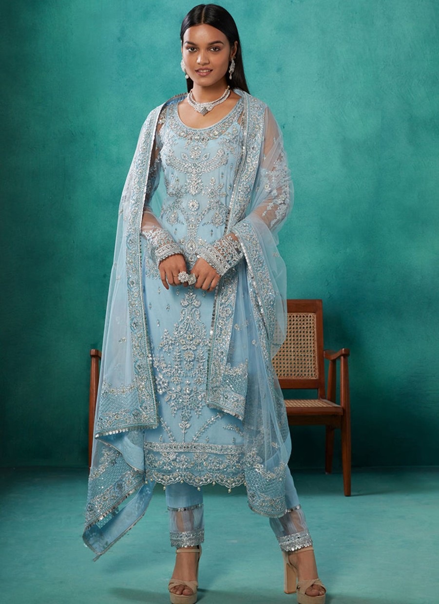 Women Lashkaraa | Powder Blue Heavy Embroidered Net Straight Suit