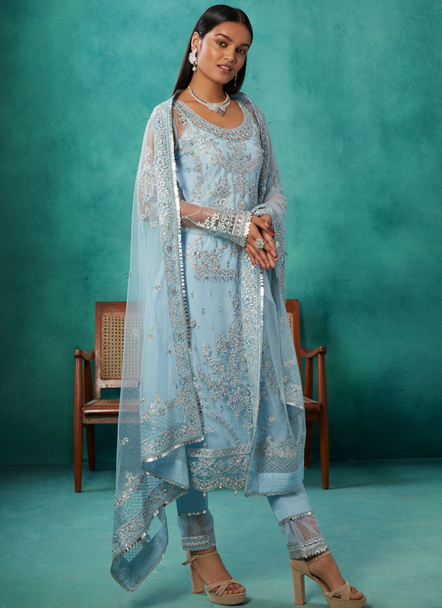 Women Lashkaraa | Powder Blue Heavy Embroidered Net Straight Suit