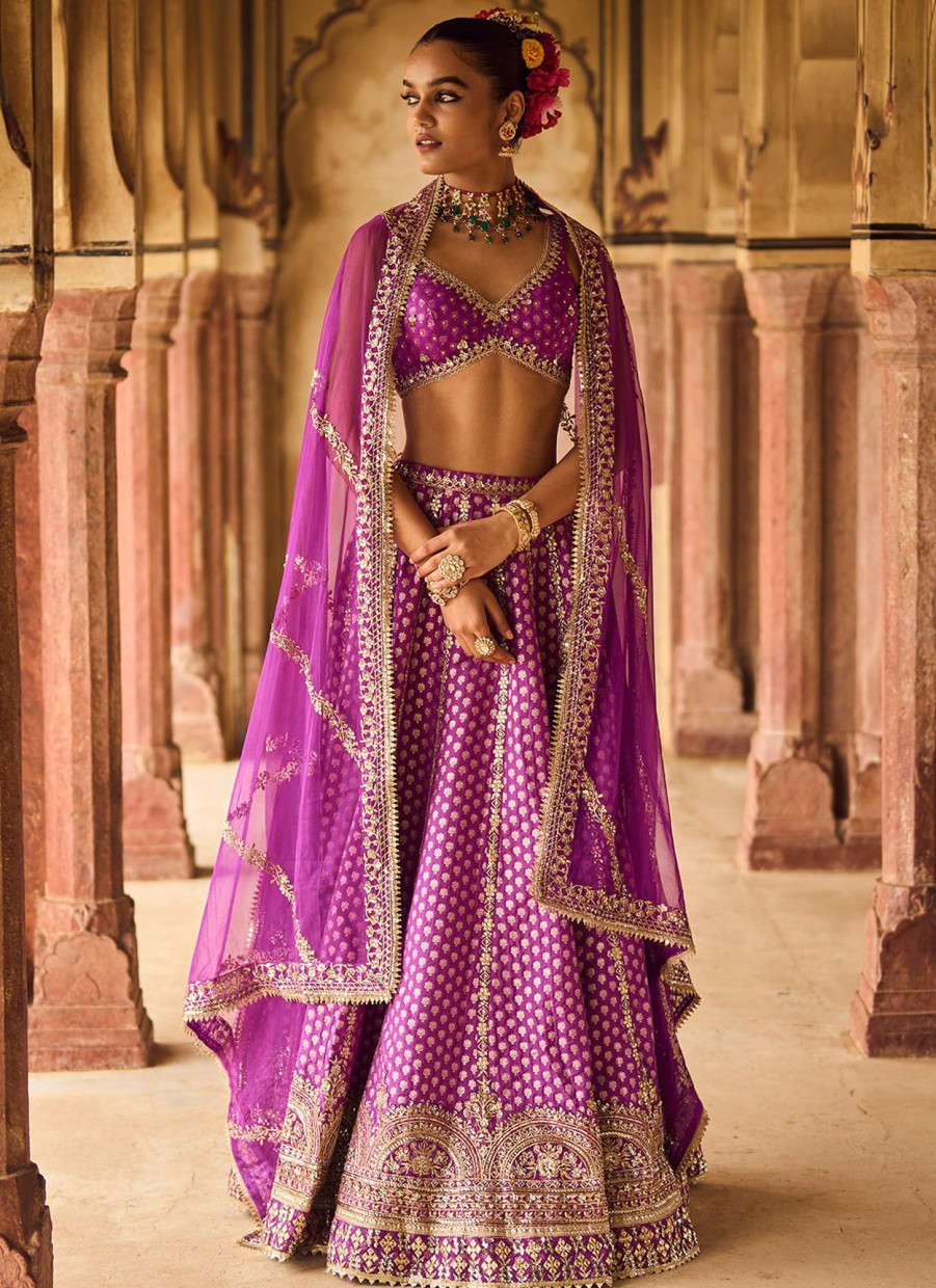 Women Lashkaraa | Purple Embroidered Brocade Lehenga