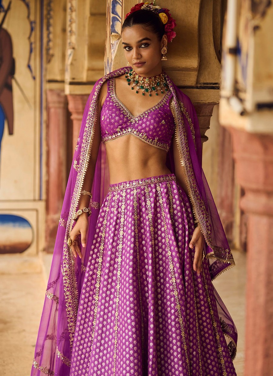 Women Lashkaraa | Purple Embroidered Brocade Lehenga