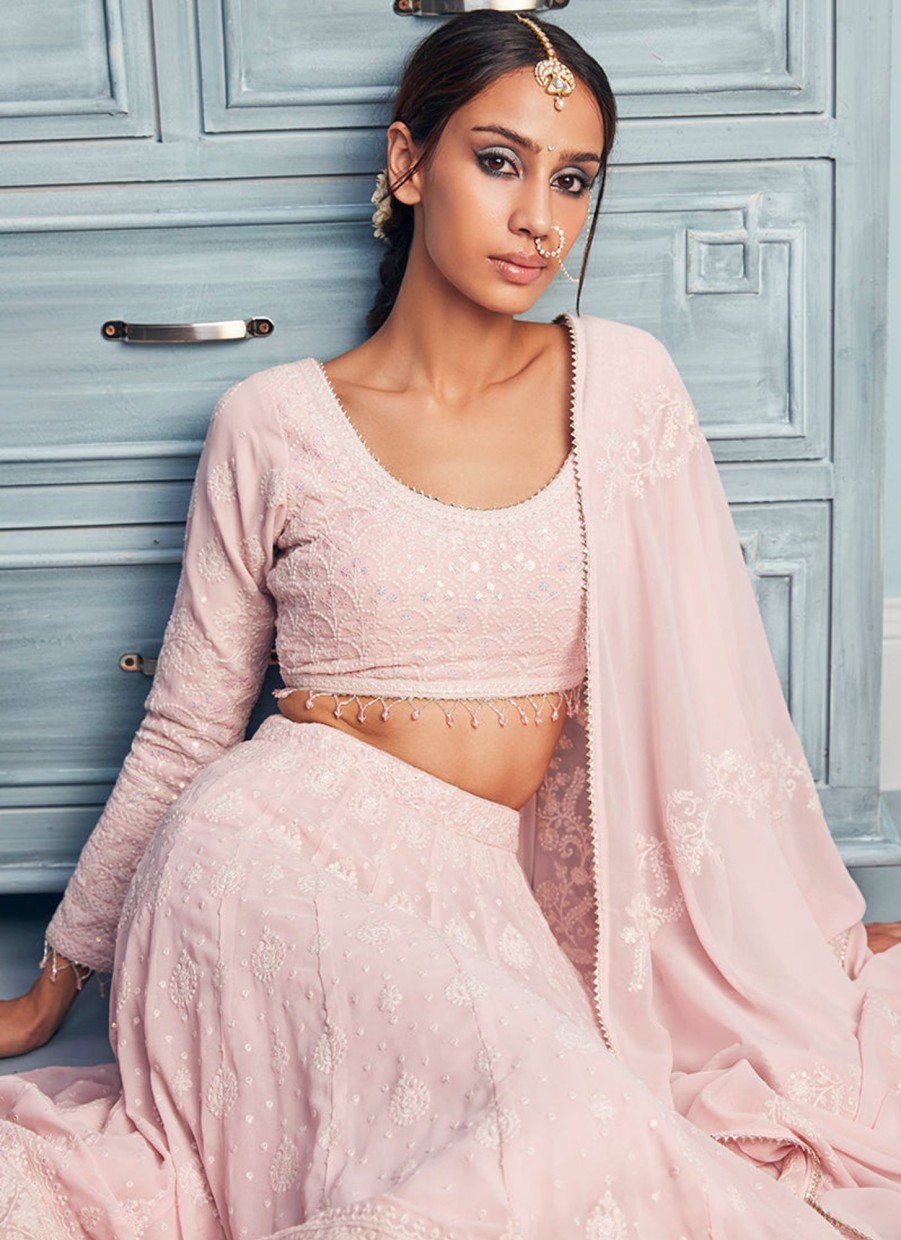 Women Lashkaraa | Blush Pink Thread Embroidered Lehenga