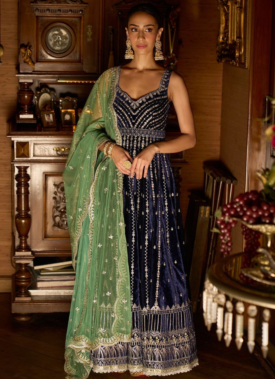 Women Lashkaraa | Navy Blue And Green Embroidered Velvet Anarkali