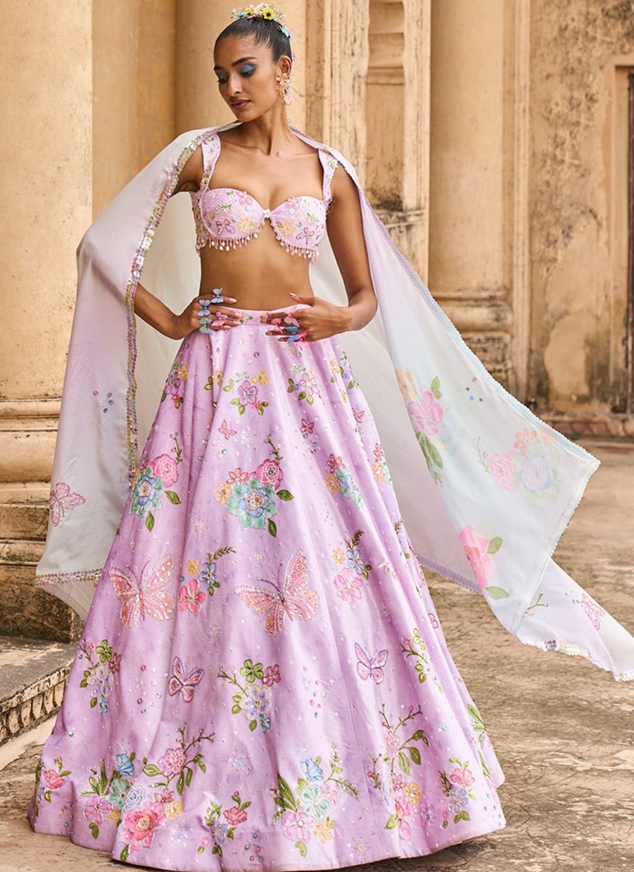 Women Lashkaraa | Light Purple Embellished Velvet Lehenga