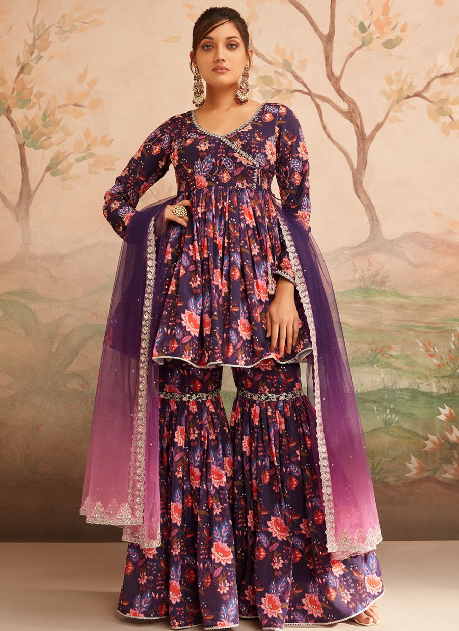 Women Lashkaraa | Dark Purple Floral Printed Gharara Suit