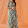 Women Lashkaraa | Mint Blue White Floral Printed Saree