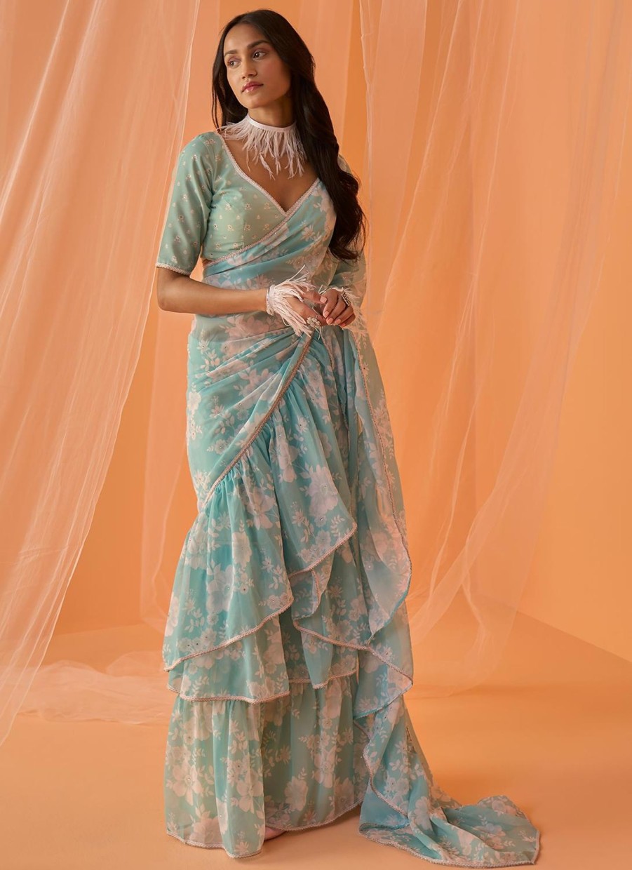 Women Lashkaraa | Mint Blue White Floral Printed Saree