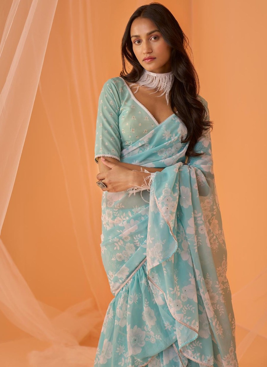 Women Lashkaraa | Mint Blue White Floral Printed Saree