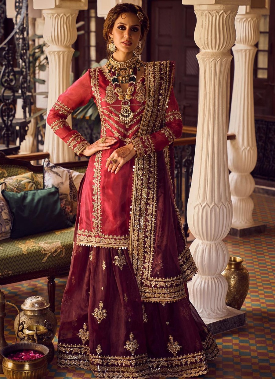 Women Lashkaraa | Red And Maroon Embroidered Sharara Suit