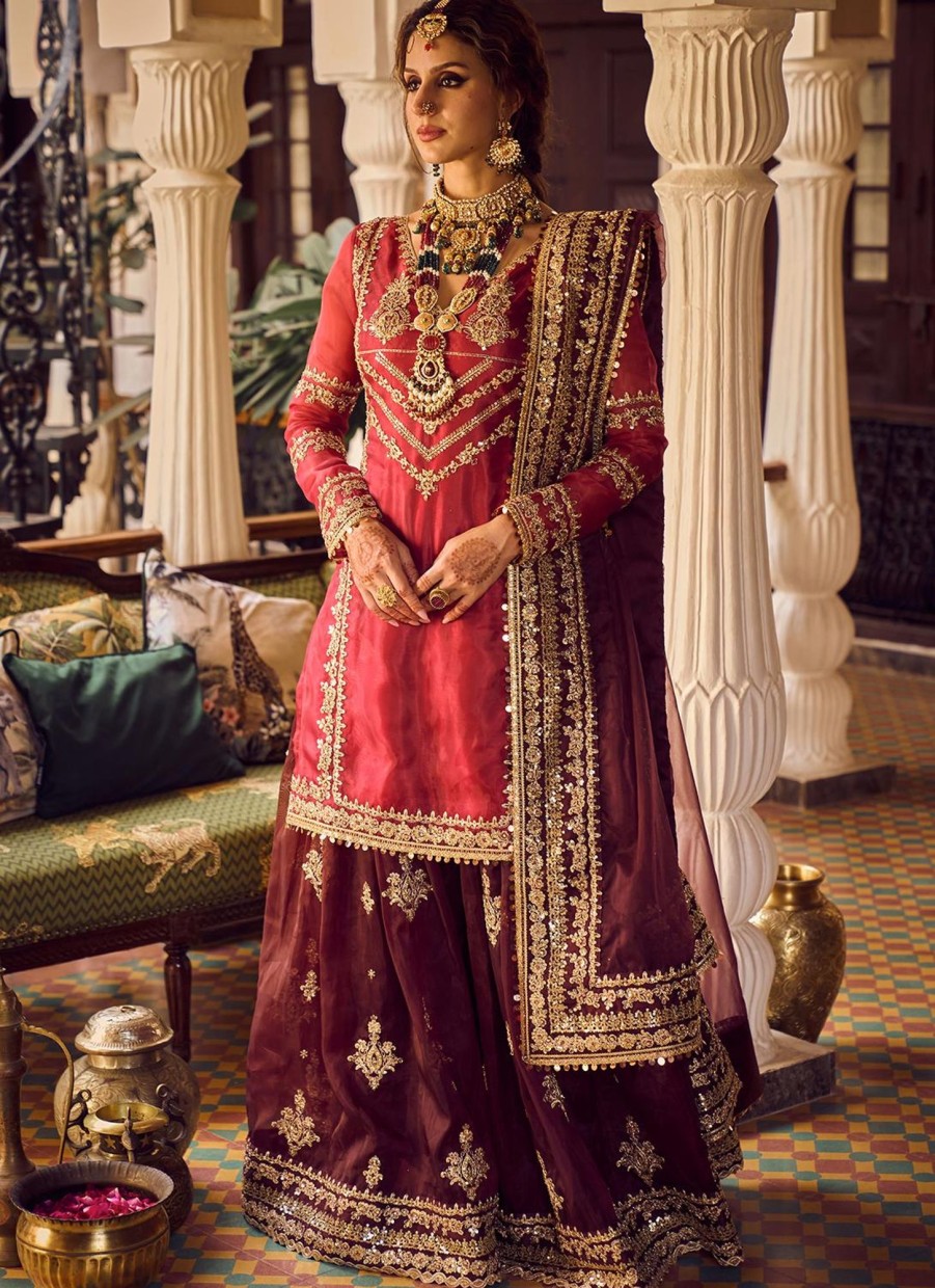 Women Lashkaraa | Red And Maroon Embroidered Sharara Suit