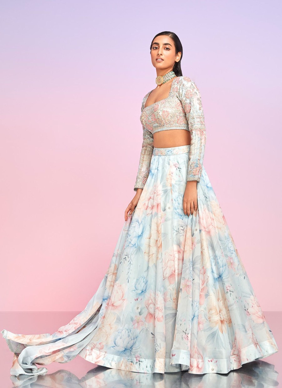 Women Lashkaraa | Light Blue Multicolor Floral Embellished Lehenga