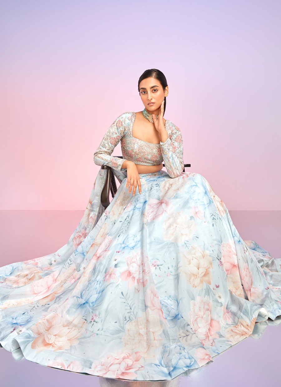 Women Lashkaraa | Light Blue Multicolor Floral Embellished Lehenga