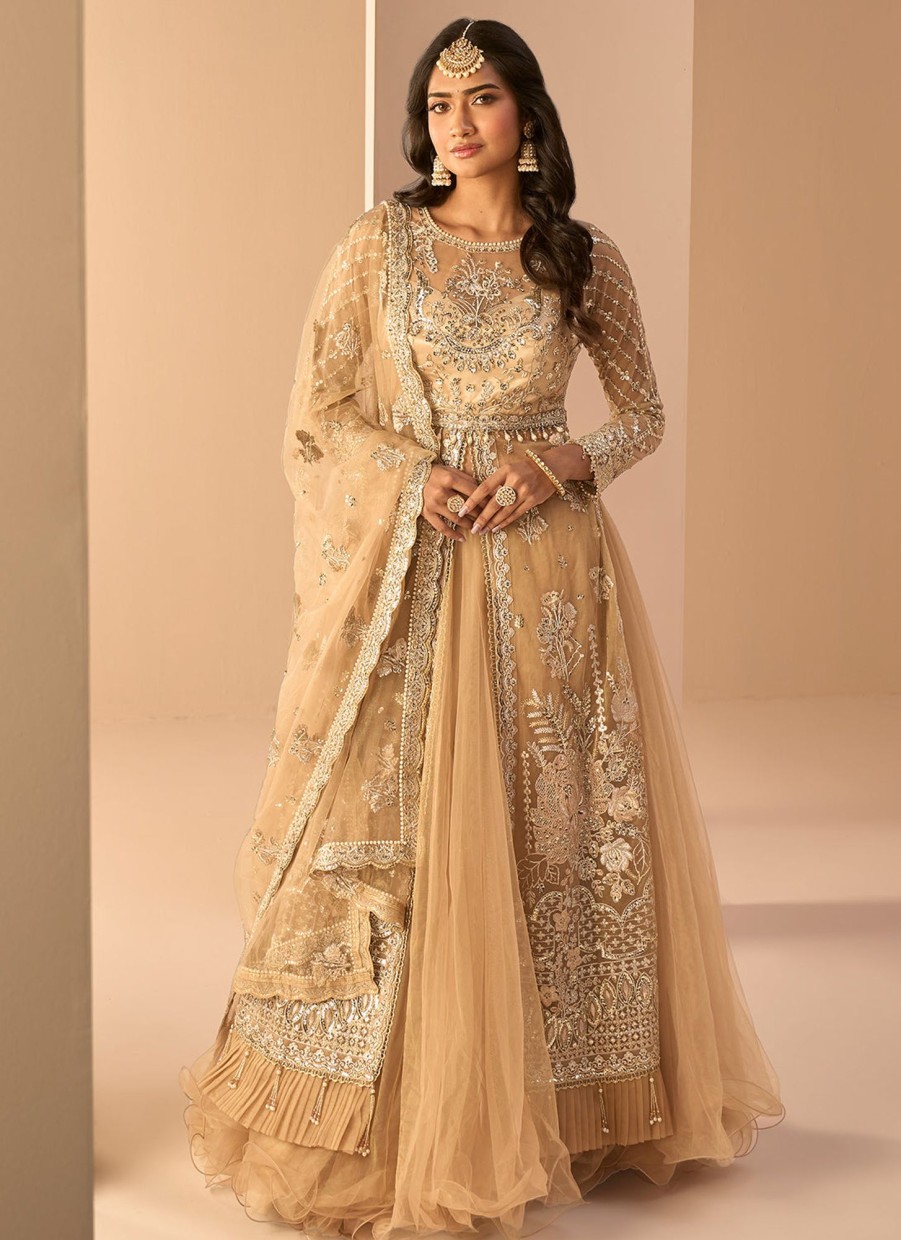 Women Lashkaraa | Golden Beige Embroidered Anarkali Style Lehenga