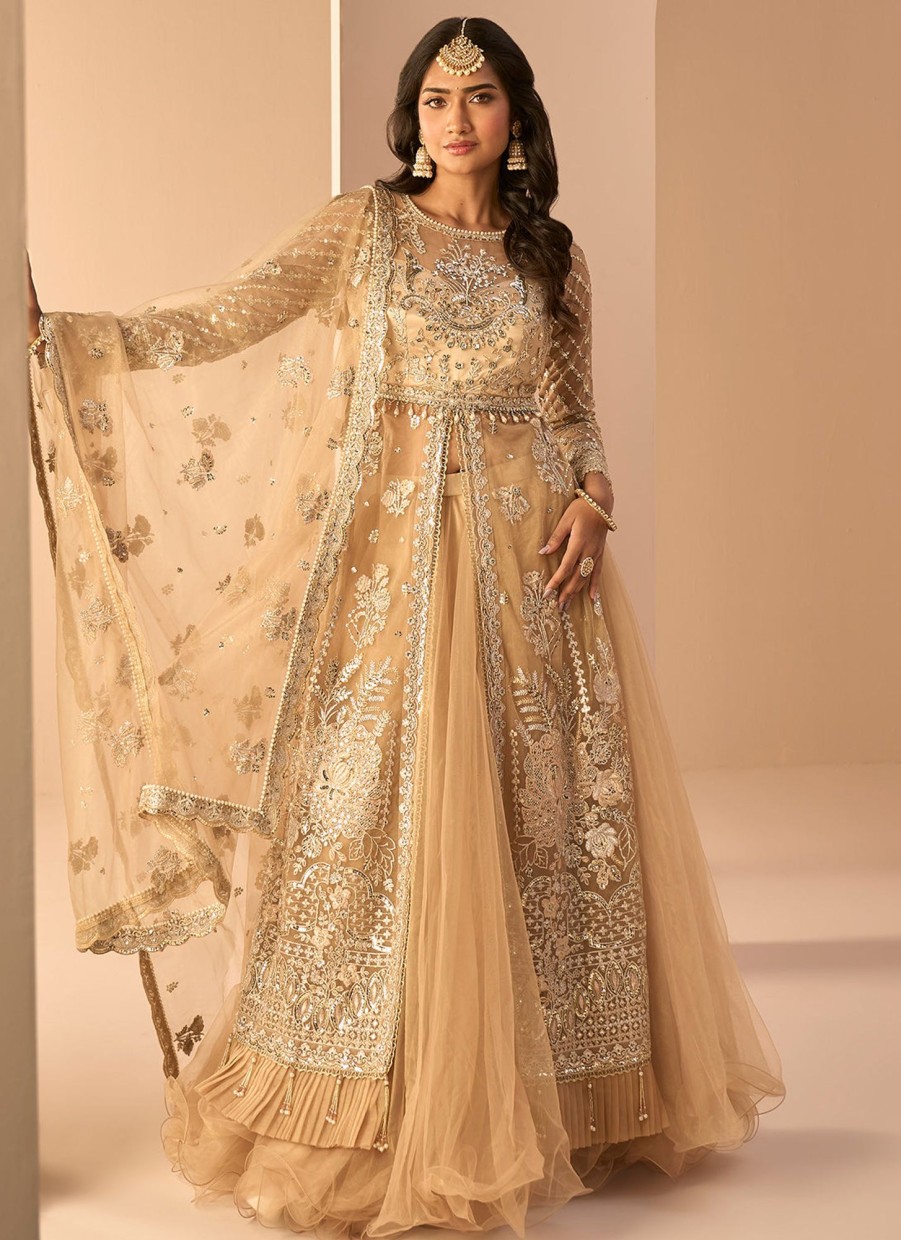 Women Lashkaraa | Golden Beige Embroidered Anarkali Style Lehenga