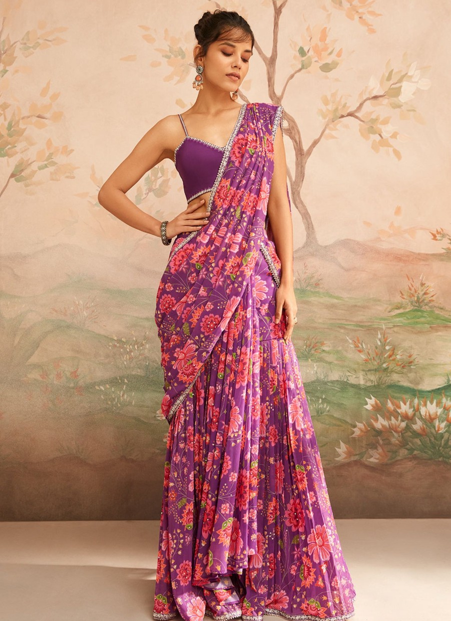 Women Lashkaraa | Purple And Pink Floral Printed Saree