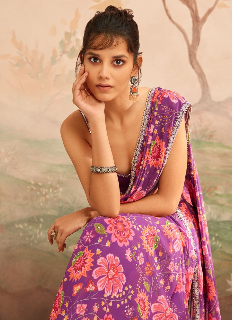 Women Lashkaraa | Purple And Pink Floral Printed Saree